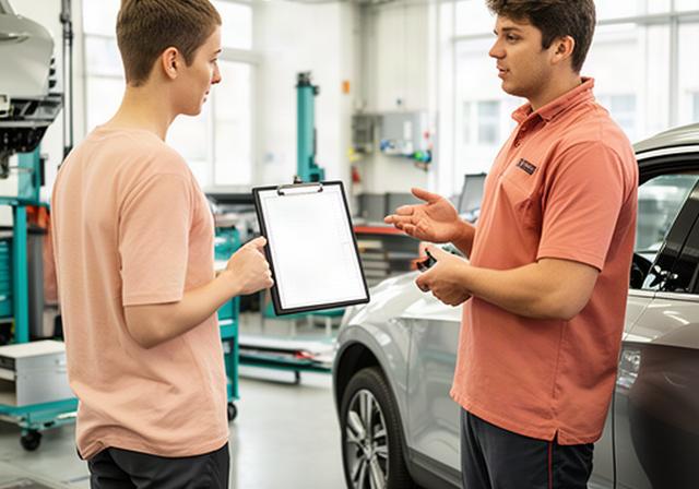 Customer and service advisor discussing a vehicle inspection record at a clean automotive workshop