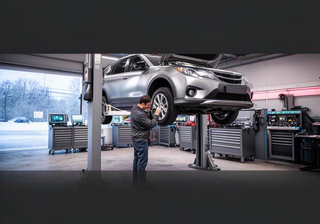Automotive technician inspecting a vehicle on a lift inside a clean Winnipeg repair shop