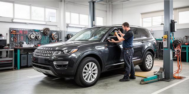 Technician reviewing vehicle maintenance notes beside a car in a Winnipeg repair bay