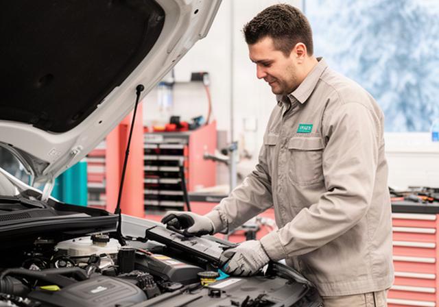 Automotive technician checking a vehicle in a clean Winnipeg service bay