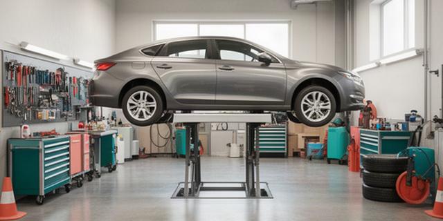 Clean automotive repair bay with a lifted sedan and organized tools in Winnipeg