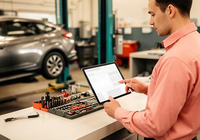 Automotive service advisor reviewing a digital customer record at a Winnipeg repair shop
